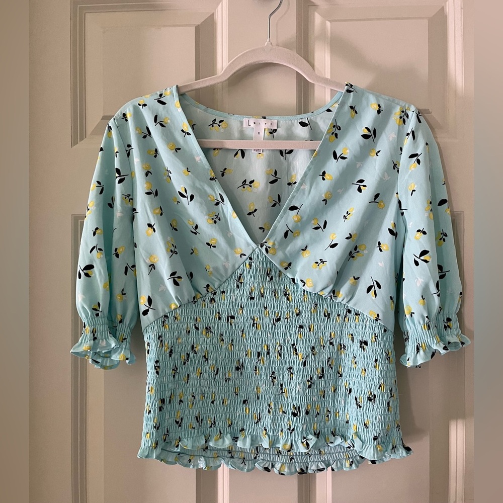 Nordstrom Leith Blue Glow Nina Floral Boho Smocked Top Blouse size M